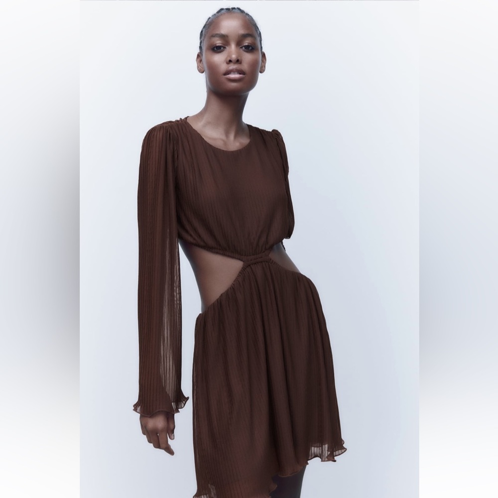 ZARA BROWN CUT OUT PLEATED DRESS